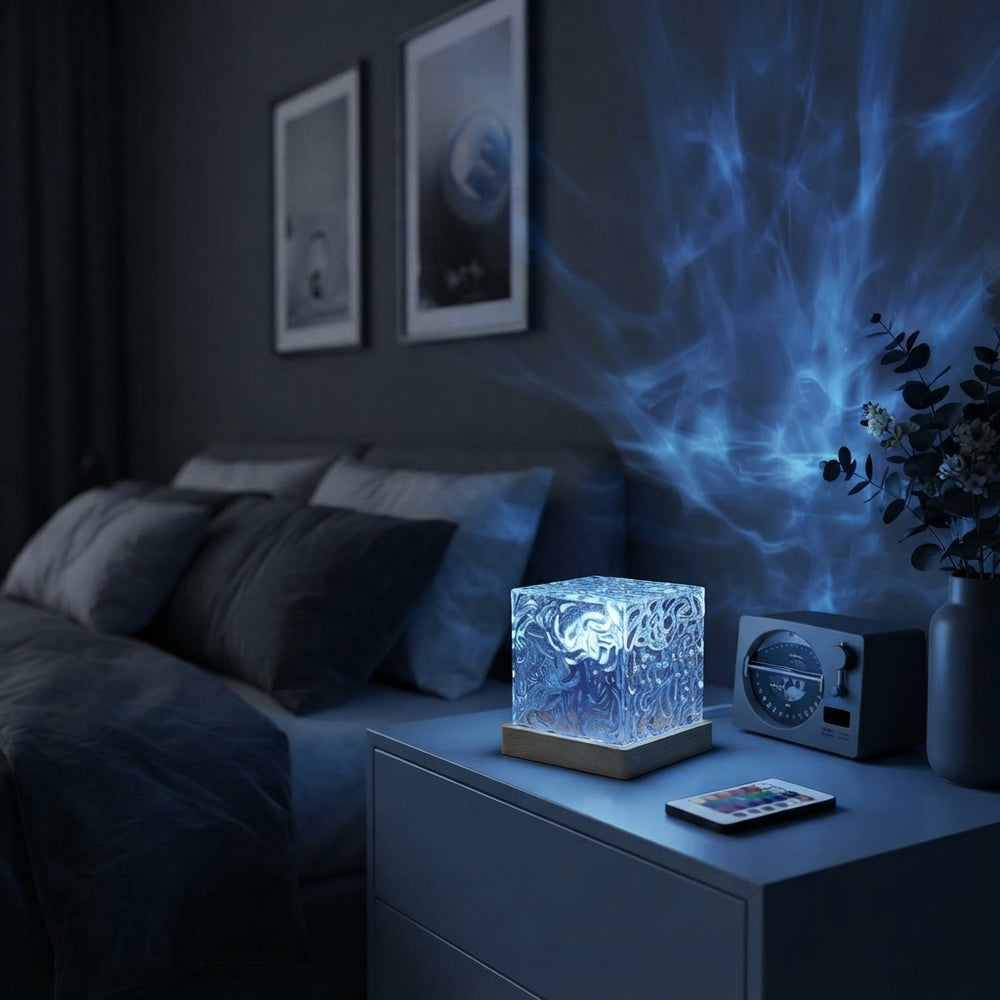 A modern bedroom illuminated by blue ocean wave light projections from a lamp on a bedside table.