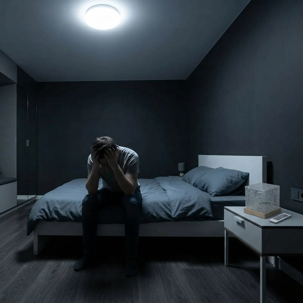A person sitting on a bed in a dimly lit, modern bedroom under harsh, sterile overhead lighting, highlighting a stressful env